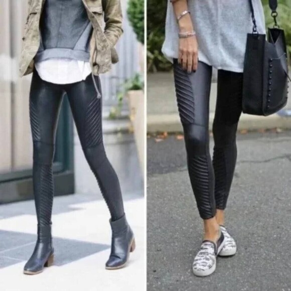 SPANX Faux Leather Moto Leggings Pants Black Women’s Size Medium Power Waistband - Picture 1 of 13
